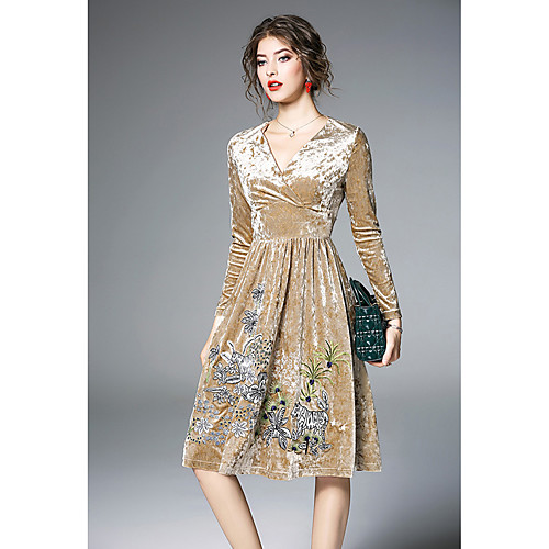 

Women's A Line Dress Knee Length Dress Gold Long Sleeve Jacquard Solid Colored Spring V Neck Streetwear M L XL XXL