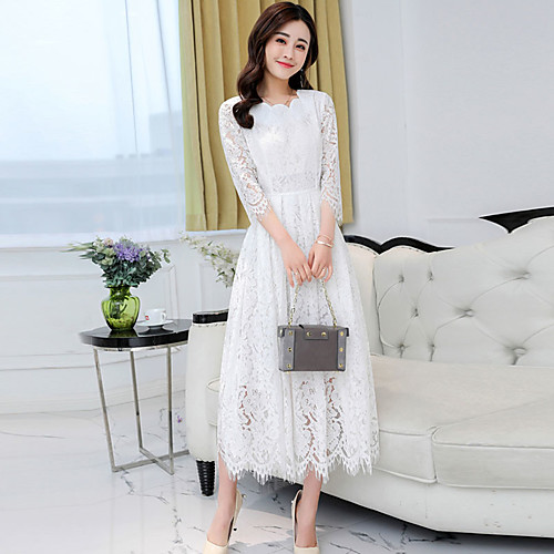 

Women's Sheath Dress Maxi long Dress White Black Blue Blushing Pink Gray Long Sleeve Solid Colored Lace Spring V Neck Boho Lace M L XL XXL 3XL / Plus Size