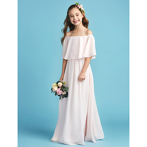 

A-Line Off Shoulder Floor Length Chiffon Junior Bridesmaid Dress with Pleats