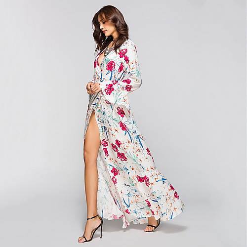 

Women's Loose Maxi long Dress White Black Long Sleeve White Floral Split Print Spring Summer V Neck Boho Flare Cuff Sleeve Floral L XL XXL 3XL / Plus Size