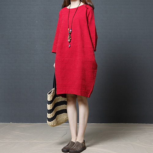 

Women's Loose Knee Length Dress Black Red 3/4 Length Sleeve Solid Colored Spring Round Neck Cotton M L XL XXL 3XL