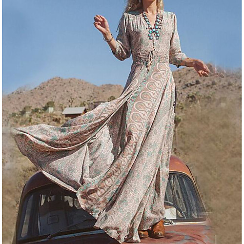 

Women's Swing Dress Maxi long Dress - Long Sleeve Tribal Print Spring Fall V Neck Boho Holiday Khaki S M L XL XXL XXXL XXXXL XXXXXL