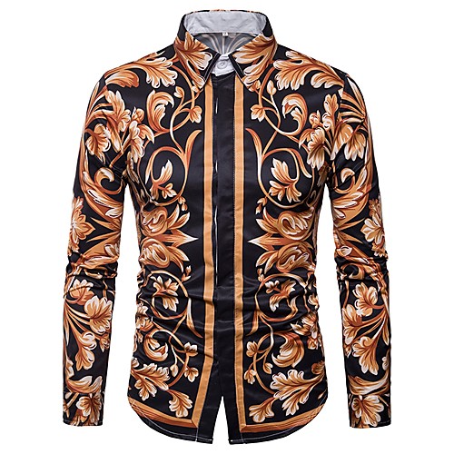 

Men's Floral Print Slim Shirt Daily Spread Collar Gold / Long Sleeve