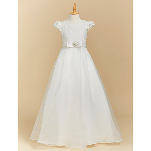 

A-Line Floor Length Wedding / First Communion Flower Girl Dresses - Lace / Satin Short Sleeve Square Neck with Bow(s)