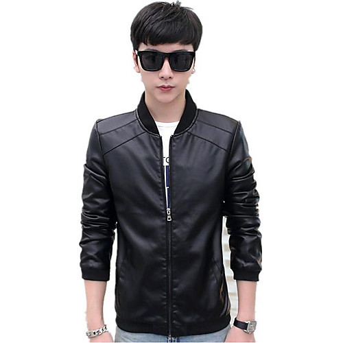 

Men's Leather Jackets Solid Colored Fall Faux Leather Jacket Regular Daily Long Sleeve PU Coat Tops Black