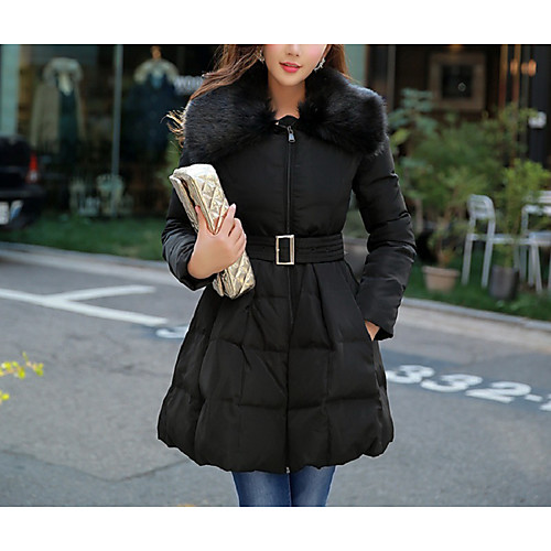 

Women's Fall Winter Down Parka Daily Holiday Going out Vintage Punk & Gothic Sophisticated Ruched Pleated Solid Colored Long Faux Fur Polyester Long Sleeve Shirt Collar Black S / M / L