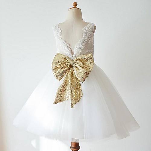 

Ball Gown Knee Length Wedding / First Communion / Pageant Flower Girl Dresses - Lace / Tulle Sleeveless Jewel Neck with Bow(s)