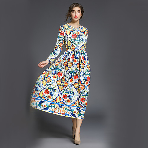 

Women's A Line Dress Maxi long Dress Rainbow 3/4 Length Sleeve Print Fall Round Neck Streetwear Work Floral M L XL XXL