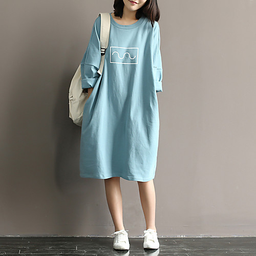 

Women's Loose Midi Dress Blue Beige Half Sleeve Print Spring Round Neck Batwing Sleeve Cotton