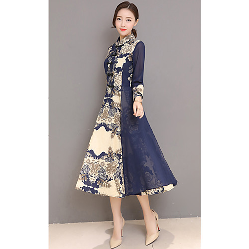 

Women's A Line Dress Midi Dress Blue 3/4 Length Sleeve Color Block Spring Summer Stand Collar Chinoiserie Cotton S M L XL XXL