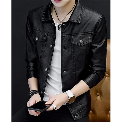 

Men's Leather Jackets Solid Colored Streetwear Fall Faux Leather Jacket Regular Going out Long Sleeve PU Coat Tops Black