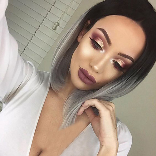 

Synthetic Wig Straight Straight Bob With Bangs Wig Medium Length Black / Grey Synthetic Hair Women's Gray