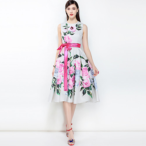 

Women's Swing Dress Midi Dress White Sleeveless Floral Print Spring Summer Round Neck Streetwear Boho Party Going out S M L XL