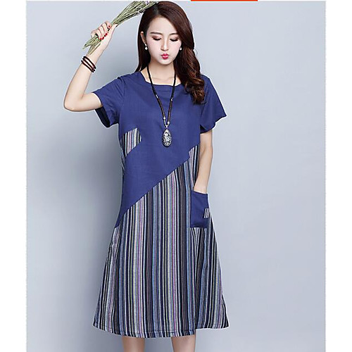 

Women's Loose Midi Dress Navy Blue Gray Short Sleeve Striped Print Fall Round Neck Chinoiserie Cotton M L XL XXL 3XL / Plus Size