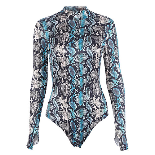 

Women's Sophisticated Going out Crew Neck Blue Slim Bodysuit Snakeskin Print