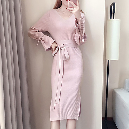 

Women's Sheath Dress Midi Dress Blushing Pink Brown Beige Long Sleeve Dusty Rose Solid Colored Split Fall Spring V Neck Streetwear S M L XL