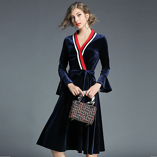 

Women's Swing Dress Midi Dress Blue Long Sleeve Color Block Bow Fall Winter V Neck Party Work Flare Cuff Sleeve Velvet M L XL XXL