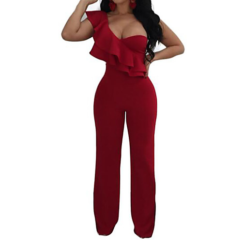 

Women's Daily One Shoulder Black Red Wine Jumpsuit Solid Colored / Wide Leg