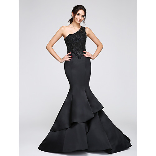 

Mermaid / Trumpet Formal Evening Dress One Shoulder Sleeveless Chapel Train Satin with Appliques 2021