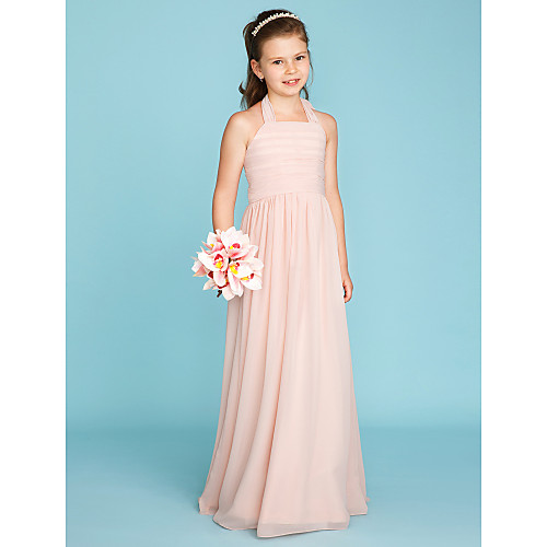 

Princess / A-Line Halter Neck Floor Length Chiffon Junior Bridesmaid Dress with Pleats / Ruched