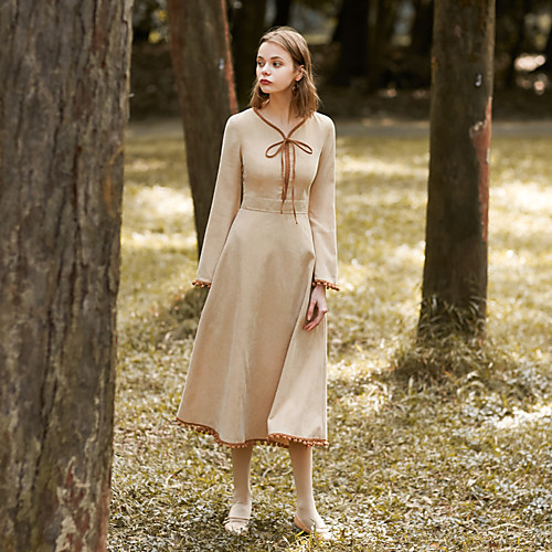 

Women's A Line Dress Midi Dress Khaki Long Sleeve Solid Colored Fall Winter Sweetheart Neckline Active Vintage Holiday Going out S M L / High Waist