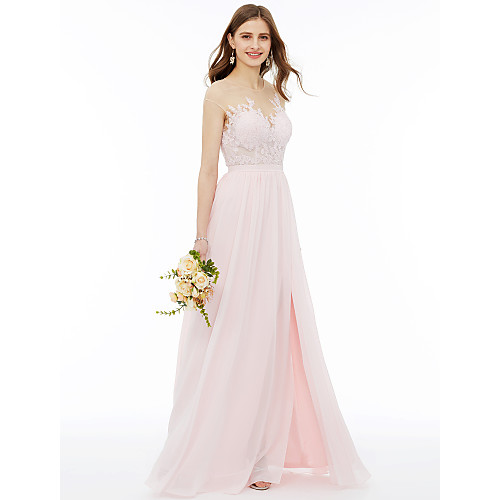 

A-Line Illusion Neck Floor Length Chiffon / Floral Lace Bridesmaid Dress with Sash / Ribbon / Appliques