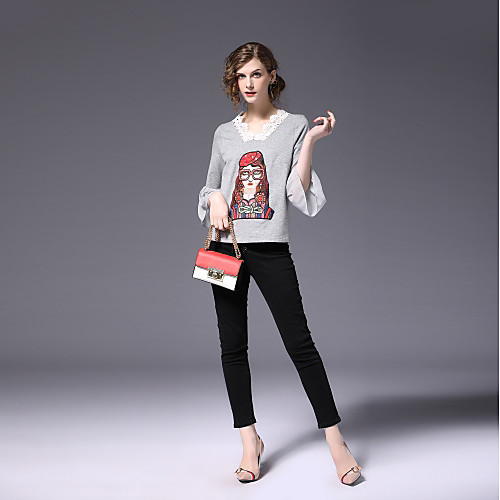 

Women's Color Block T-shirt 3/4 Length Sleeve Daily Tops Cotton V Neck Gray / Going out