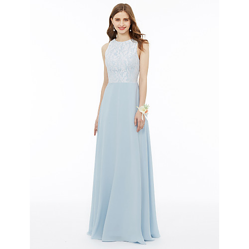 

Ball Gown / A-Line Jewel Neck Floor Length Chiffon / Metallic Lace Bridesmaid Dress with Pleats / Draping / Appliques