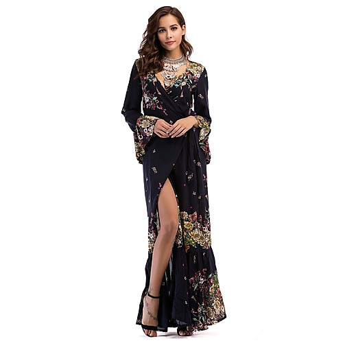 

Women's Wrap Dress Maxi long Dress Black Navy Blue Long Sleeve Floral Print Spring V Neck Flare Cuff Sleeve Floral L XL XXL 3XL