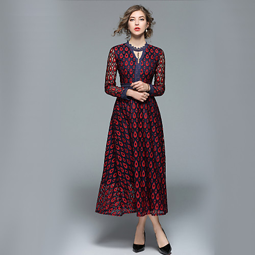 

Women's A Line Dress Maxi long Dress Wine Long Sleeve Color Block Fall V Neck Streetwear Going out Work S M L XL XXL