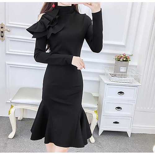 

Women's Bodycon Knee Length Dress Black Short Sleeves Solid Colored Spring Round Neck Vintage Cotton S M