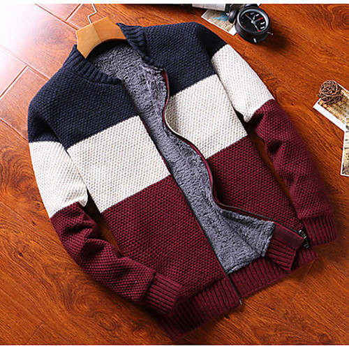 

Men's Color Block Cardigan Long Sleeve Regular Sweater Cardigans Stand Collar Spring Blue Wine Gray