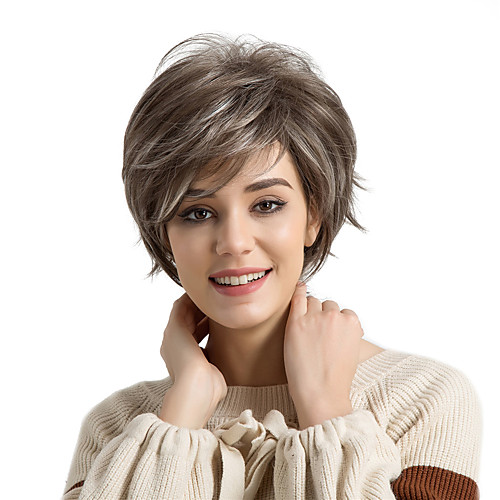 

Synthetic Wig Natural Wave Natural Wave Pixie Cut With Bangs Wig Short Brown / White Synthetic Hair Women's Highlighted / Balayage Hair Side Part White Brown MAYSU