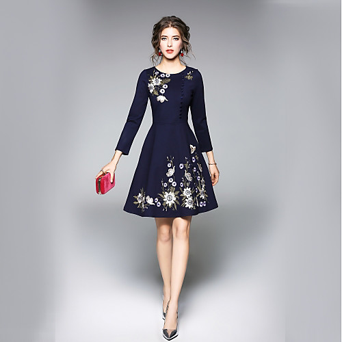 

Women's A Line Dress Midi Dress Navy Blue 3/4 Length Sleeve Solid Colored Fall Round Neck Streetwear Going out Work Embroidery M L XL XXL / Floral