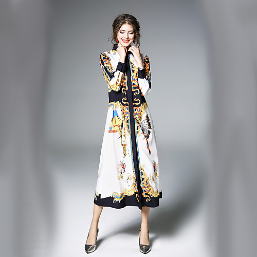 

Women's A Line Dress Maxi long Dress White Long Sleeve Print Fall Shirt Collar Streetwear Work M L XL XXL