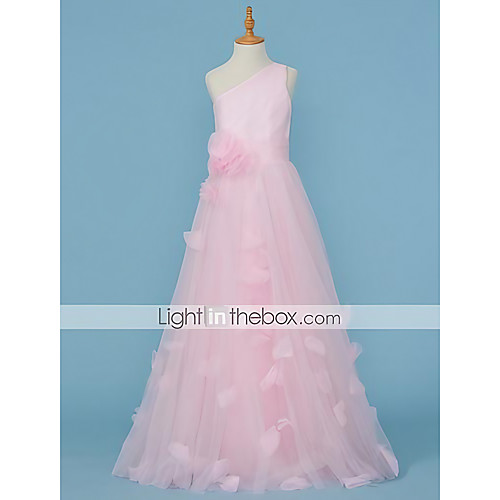 

Princess / A-Line One Shoulder Floor Length Tulle Junior Bridesmaid Dress with Pleats / Appliques / Flower