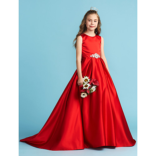 

Princess / A-Line Jewel Neck Floor Length Satin Junior Bridesmaid Dress with Bow(s) / Pleats / Crystals