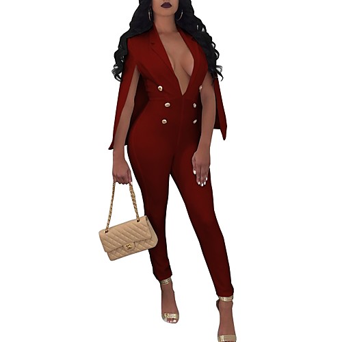 

Women's Plus Size Party Going out Deep V White Black Wine Jumpsuit Solid Color Cut Out Cotton