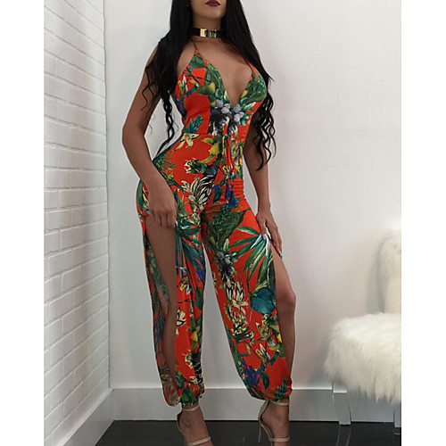 

Women's Holiday Strap Split Orange Jumpsuit Plants Print Cotton