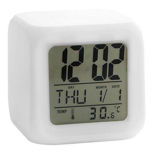 

Colorful Glowing Cubic Digital Alarm Clock Calendar Thermometer 1pc(White, 4xAAA) 9cm8.5cm