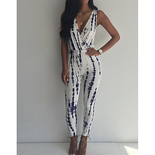 

Women's Simple Holiday Weekend V Neck White Slim Jumpsuit Color Block Cotton