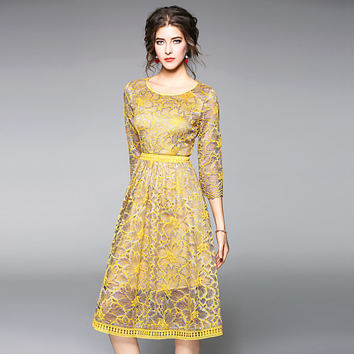 

Women's A Line Dress Midi Dress Yellow Beige 3/4 Length Sleeve Dusty Rose Floral Mesh Lace Print Round Neck Vintage Streetwear Party Going out Puff Sleeve Belt Not Included Lace