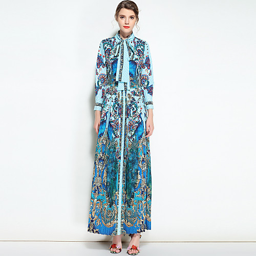 

Women's Swing Dress Maxi long Dress Blue Long Sleeve Floral Spring Summer Stand Collar Vintage Boho Party Cotton S M L XL XXL