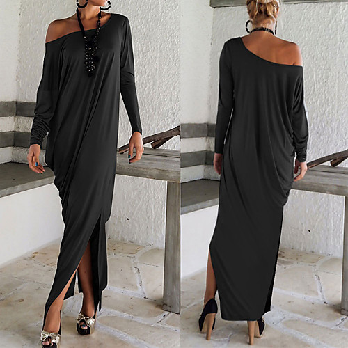 

Women's Tunic Maxi long Dress Black Blue Brown Gray Long Sleeve Solid Colored Split Spring Off Shoulder Party Holiday Going out Loose Off Shoulder M L XL