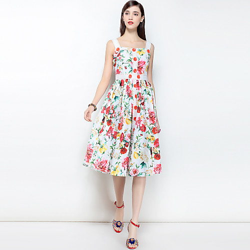 

Women's Strap Dress Knee Length Dress Red Sleeveless Floral Print Spring Summer Boho Party Going out S M L XL