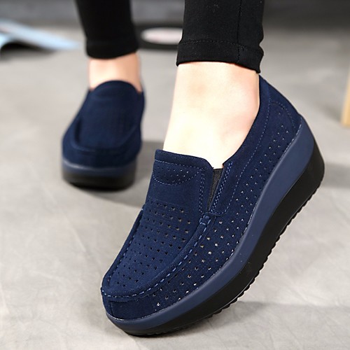 

Women's Loafers & Slip-Ons Wedge Heel Round Toe Cowhide Comfort Summer / Fall Black / Red / Dark Blue / EU40
