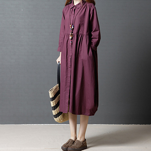 

Women's Loose Midi Dress Black Purple Long Sleeve Solid Colored Pleated Spring Shirt Collar Cotton M L XL XXL