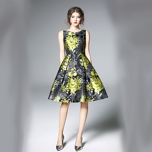 

Women's A Line Dress Midi Dress Yellow Sleeveless Floral Print Fall V Neck Streetwear Work Floral S M L XL XXL