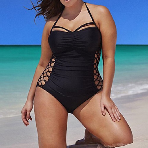 

Women's Halter Neck Black One-piece Swimwear Swimsuit - Solid Colored Criss Cross M L XL Black