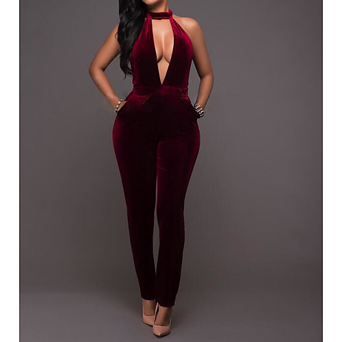 

Women's Party Deep V Velvet Wine Jumpsuit Solid Colored Backless Sexy Cotton / Pencil